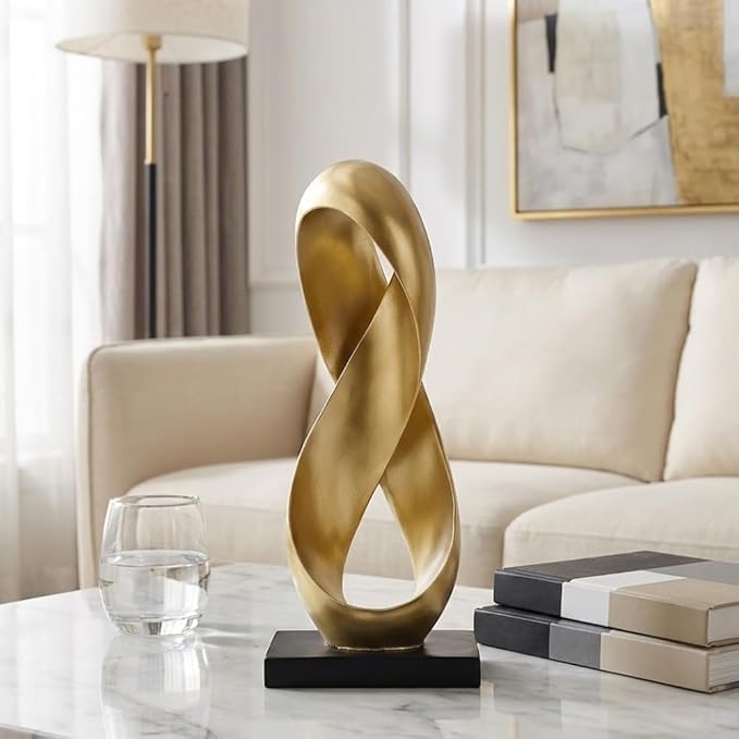 Large Gold Knot Decor Statue 14.6in Tall, Resin Geometric Tabletop Sculpture for Coffee Table, Gold Statue Decor for Shelves Mantel, Modern Decorative Object Home Accent