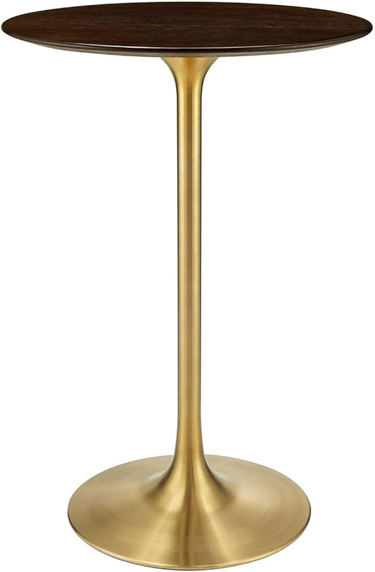 Modway Lippa Round 28" Cherry Walnut Wood Grain Mid-Century Modern Bar Table in Gold Cherry Walnut