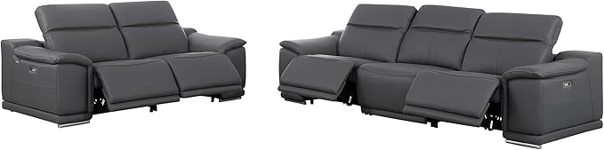 Blackjack Furniture Venice Top Grain Italian Leather Recliner 5 Seater 4 Power Reclining Seater 2 Piece Sofa Set with Adjustable Headrests Modern Seating Sofa and Loveseat for Living Room, Dark Grey