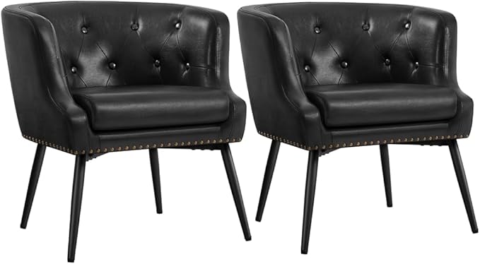 Yaheetech Modern Accent Chair, Faux Leather Retro Armchair, Upholstered Barrel Chair with Metal Leg and Comfy Seat Cushion for Living Room Bedroom, Black, Set of 2