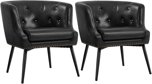 Yaheetech Modern Accent Chair, Faux Leather Retro Armchair, Upholstered Barrel Chair with Metal Leg and Comfy Seat Cushion for Living Room Bedroom, Black, Set of 2