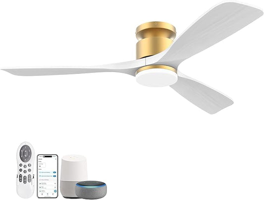 52 Inch Smart Low Profile Ceiling Fans,Solid Wood Outdoor Indoor Ceiling Fan with Lights Remote,WIFI Alexa App Control,Quiet DC Motor,Dimmable LED,Modern Flush Mount Fan for Bedroom Patio,Gold White