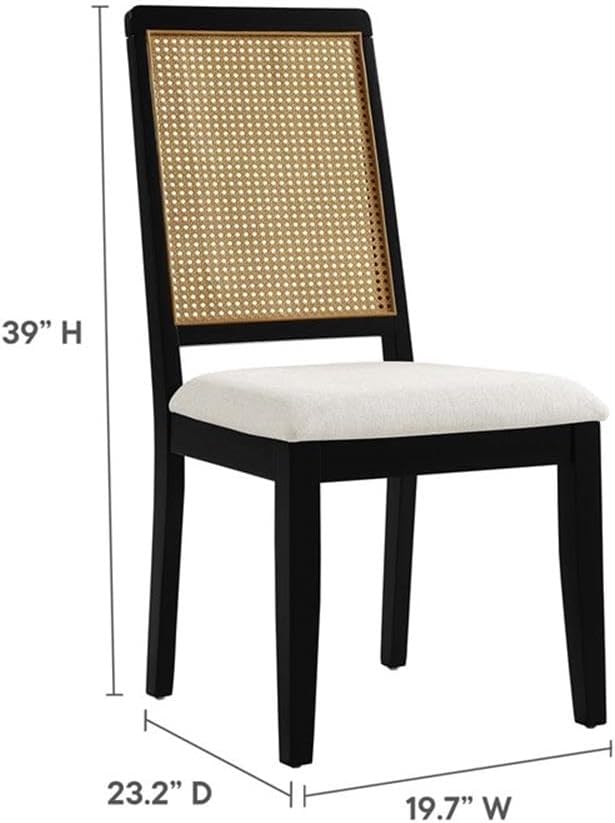 Modway Arlo Wood and Faux Rattan Dining Chairs Set of 2 in Black Natural Heathered Weave Ivory - Modern Farmhouse Accent Chairs - Fabric Upholstered Chairs for Dining Room