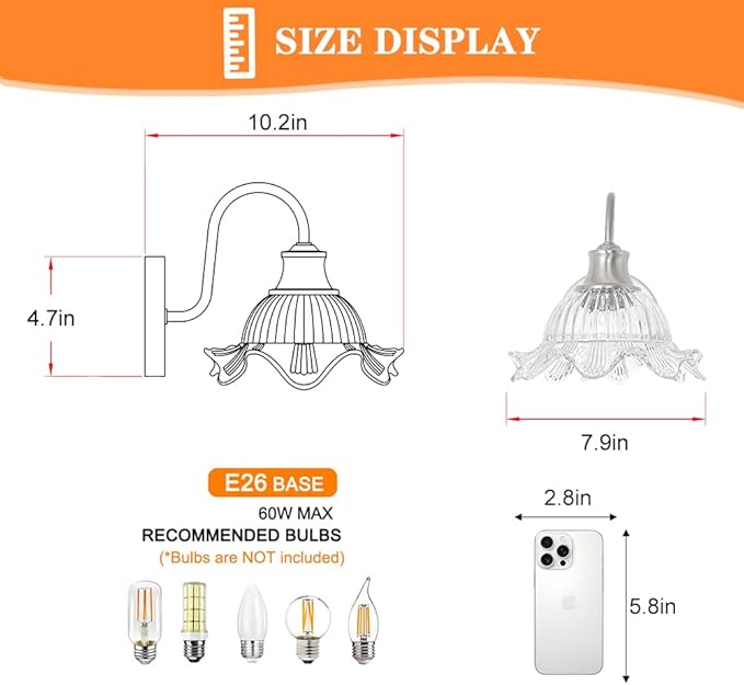 Wall Sconce Lights, Brushed Nickel Sconce Wall Decor with Crystal Glass Shades - Bathroom Vanity Mirror Lighting for Bedroom/Bathroom, Modern Hardwaired Wall Light Fixtures, E26