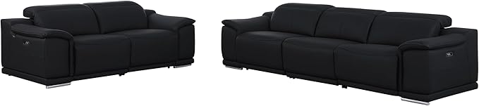 BlackJack Furniture Venice Top Grain Italian Leather Recliner 5 Seater 4 Power Reclining Seater 2 Piece Sofa Set with Adjustable Headrests Modern Seating Sofa and Loveseat for Living Room , Black
