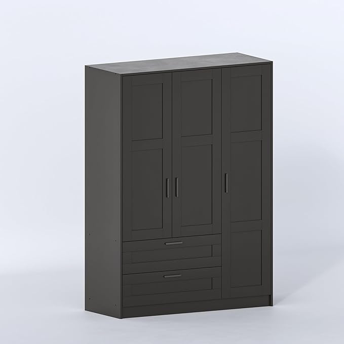 Wood Wardrobe Closet with 3 Doors and 2 Drawer，Bedroom Freestanding Armoire Storage Cabinet with Shelves，Wooden Wardrobe Combination for Hanging Clothes