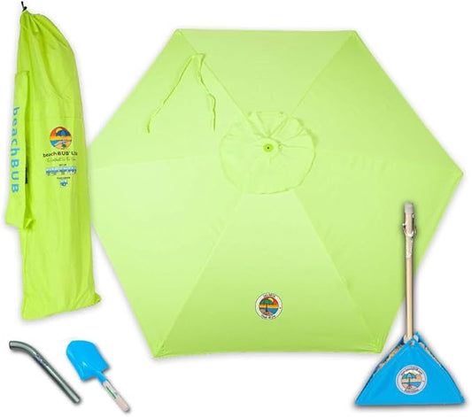 BEACHBUB ALL-IN-ONE BEACH UMBRELLA SYSTEM. Includes ULTRA Base (compliant with the ASTM F3681-24 Beach Umbrella Safety Standard). (Lime Lounger Green)