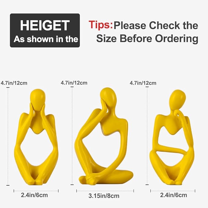 Yellow Thinker Statue Decor for TV Stand, Shelf, Desk, or Coffee Table - Set of 3 Resin Figurines for Living Room Decorative Objects, Modern Sculpture, Minimalist Bookcase Decor, Home Accents