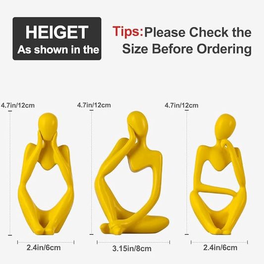 Yellow Thinker Statue Decor for TV Stand, Shelf, Desk, or Coffee Table - Set of 3 Resin Figurines for Living Room Decorative Objects, Modern Sculpture, Minimalist Bookcase Decor, Home Accents