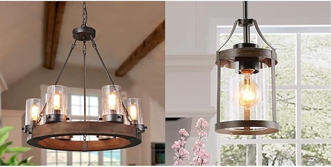 Farmhouse Wood Chandelier, Round Wagon Wheel Light Fixture with Seeded Glass Shades & LNC Farmhouse Mini Faux Wood Pendant Lighting with Clear Cylinder Glass Shade, Brown