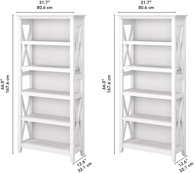 Bush Home Key West 5 Shelf Bookcase - Set of 2 | Tall Bookshelves in Pure White Oak | Sturdy Display Shelves for Library, Living Room, and Home Office