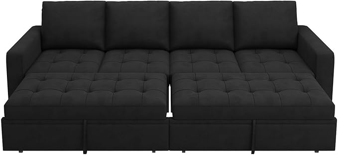 HONBAY Modular Sectional Sleeper Sofa with Pull Out Bed, Linen Convertible Sectional Couches for Living Room, Black