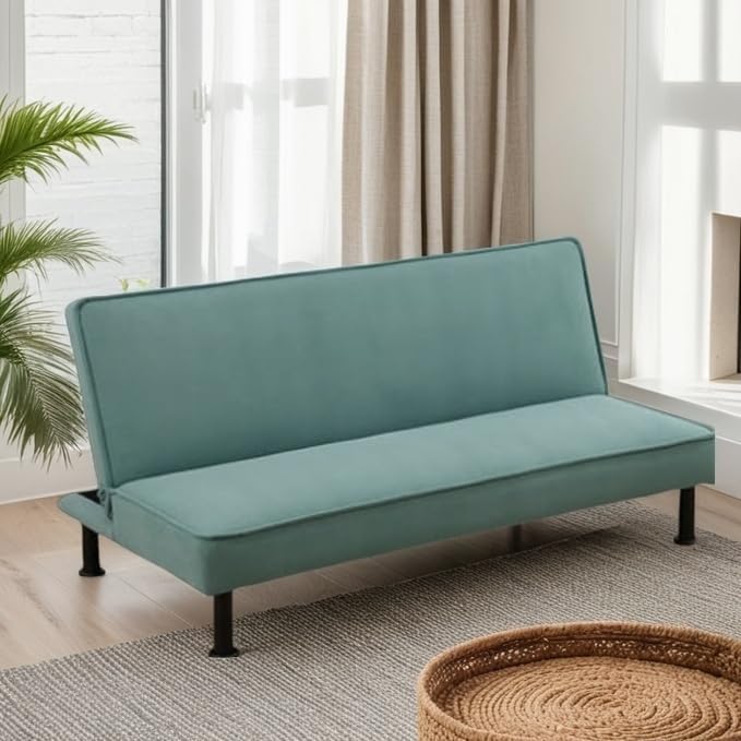Futon Sofa Bed, Convertible Sofa Couch with Flannel Fabric Adjustable Backrest, Sleeper Couch Bed Loveseat with Curved Armrest for Living Room Bedroom Small Spaces, Green, 77.5"