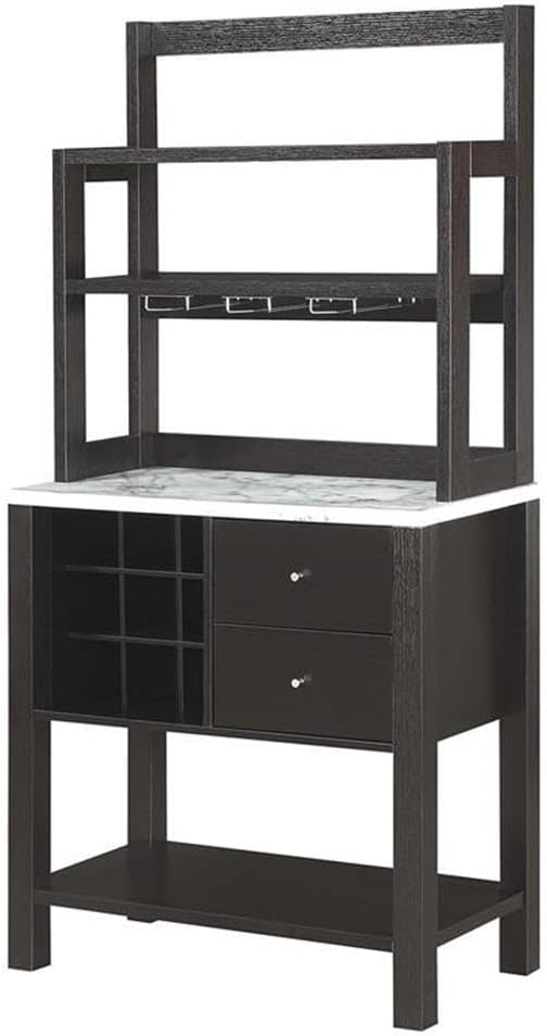 Convenience Concepts Newport Serving Bar Cart 31" - Modern Storage Bar Cabinet with Drawers, Wine Rack for Kitchen, Dining Room, Black Faux Marble/Espresso