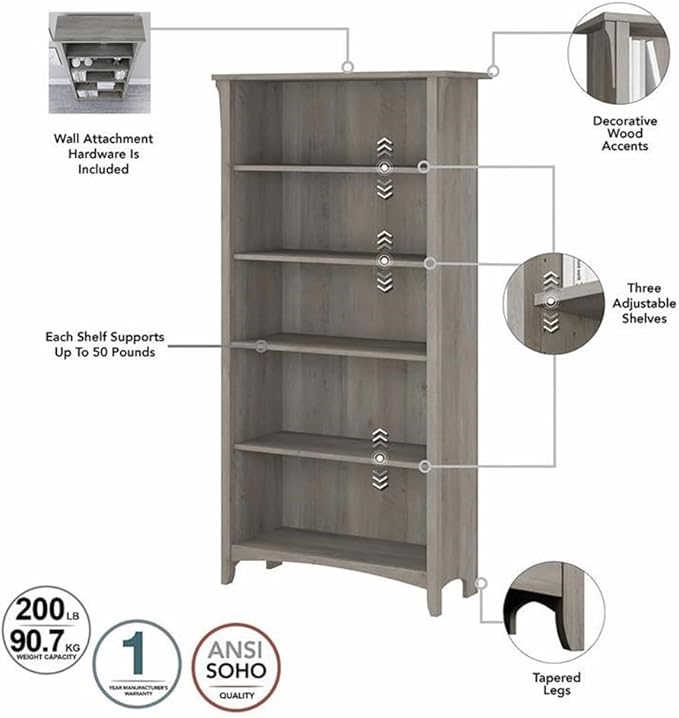 Bush Home Salinas Tall 5 Shelf Bookcase - Set of 2 in Driftwood Gray, Vertical Office Storage, Bookshelves for Home Workspace, Multi-Purpose Shelving Units