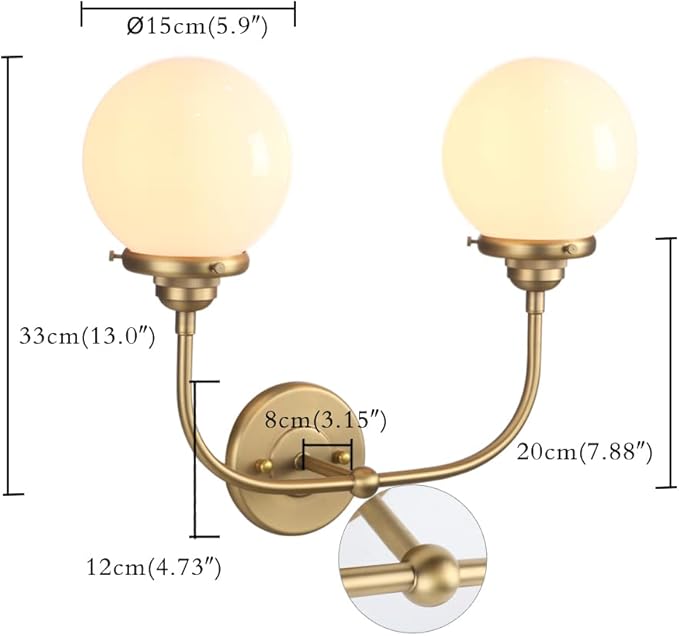 PERMO Vanity Light Classic Gold Double Sconce with 5.9" Round Globe Milk White Glass Shade Bathroom 2 Lights Sconces for Bedroom Living Room Hallway