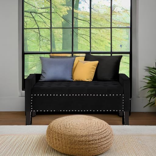 Velvet Storage Ottoman with Armrests, Upholstered Button Tufted Entryway Bench with Nails Trim for Bedroom End of Bed, Living Room,Black