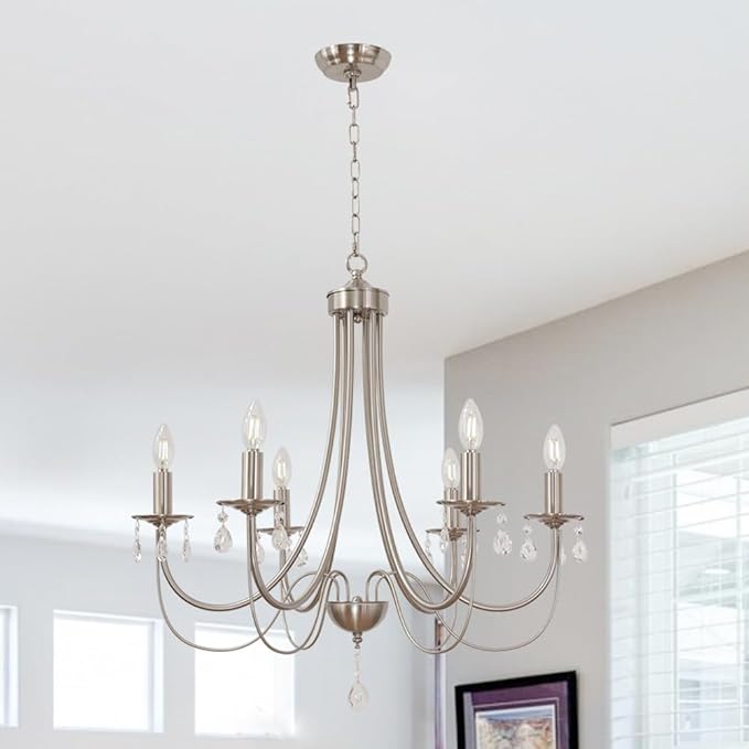 Farmhouse Chandeliers 6 Lights Brushed Nickel Modern Farmhouse Pendant Lighting Crystal Kitchen Ceiling Light Fixtures for Dining Room Living Room