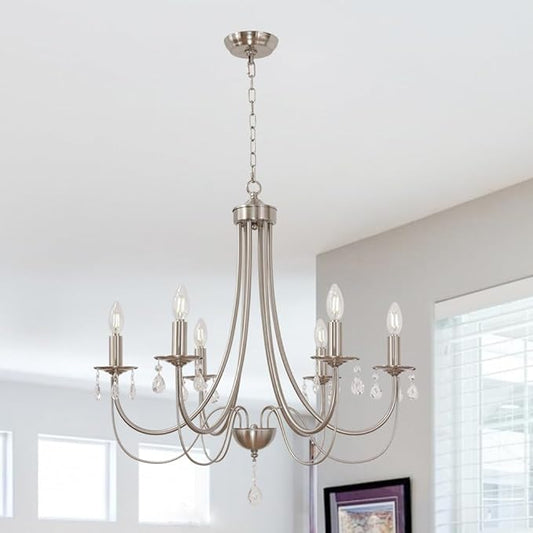 Farmhouse Chandeliers 6 Lights Brushed Nickel Modern Farmhouse Pendant Lighting Crystal Kitchen Ceiling Light Fixtures for Dining Room Living Room
