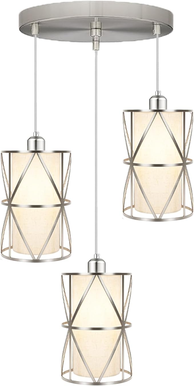 Brushed Nickel 3 Light Chandelier, Adjustable Height Pendant Lights Kitchen Island, Modern Dining Room Light Fixture with Linen Shade, Kitchen Light fixtures for Dining Room, Bathroom