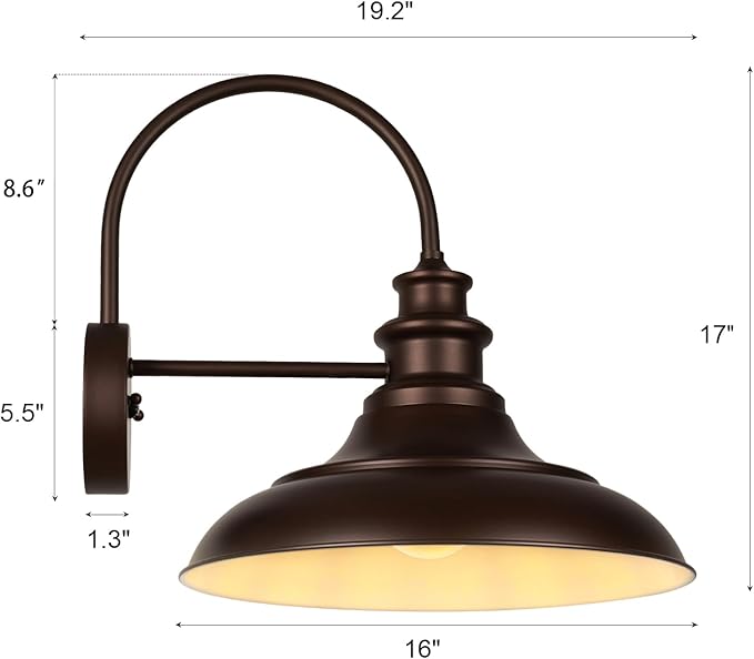 Dusk to Dawn Sensor Outdoor Barn Light Fixtures, 16 Inch Dome Farmhouse Outdoor Wall Sconces, Rustic Exterior Wall Mount Lights, Industrial Bronze White Wall Lanterns for Porch, 2 Pack
