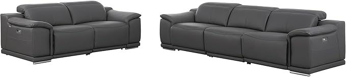 Blackjack Furniture Venice Top Grain Italian Leather Recliner 5 Seater 4 Power Reclining Seater 2 Piece Sofa Set with Adjustable Headrests Modern Seating Sofa and Loveseat for Living Room, Dark Grey