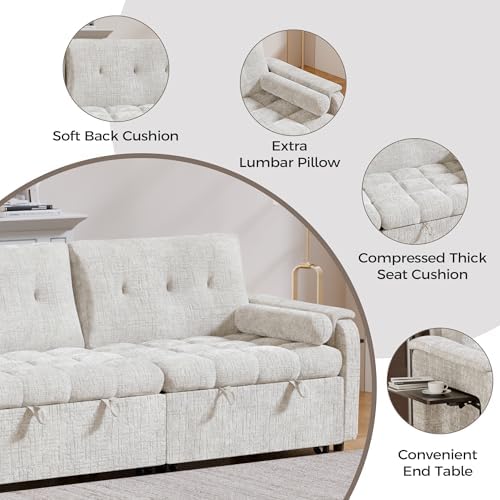 Convertible Sleeper Sofa Bed, 86 Inch Chenille Pull Out Couch with Side Table & Adjustable Backrest, Sectional Sleeper Sofa with Pull Out Bed for Living Room, Apartment, Beige