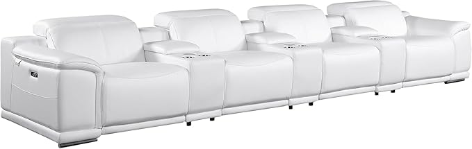 BlackJack Furniture Venice Top Grain Italian Leather Power Recline 7 Piece 4 Seater Sofa - 175" Theater Seating Modern Couch for Living Room Apartment with Adjustable Headrests & USB Port, White