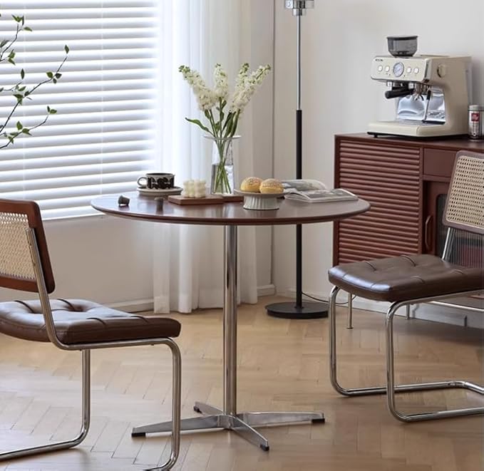 Dark Brown Round Solid Wood Dining Table Dining Furniture with Metal Crossed Base, 27.6" W Mid Century Modern Small Table Round for Office Small Coffee Table for 2-4