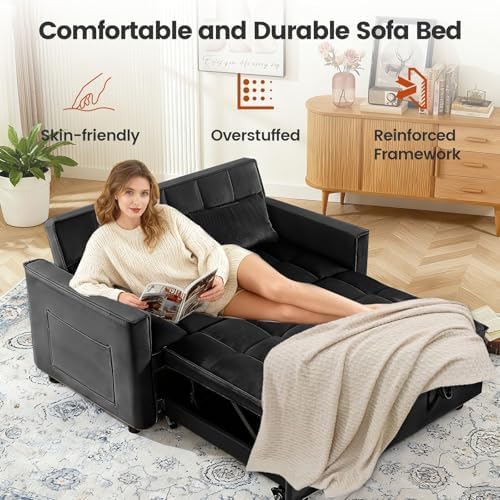 54" Convertible Pull Out Sofa Bed with Adjustable Backrest, Black