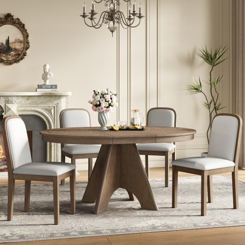 Bellemave 5-Piece Extendable Round Dining Table Set with 4 Upholstered Chairs, 42"-58" Round Kitchen Table Set for 4-6 with Removable Leaf and Crossed Legs for Kitchen, Dining Room (Espresso)