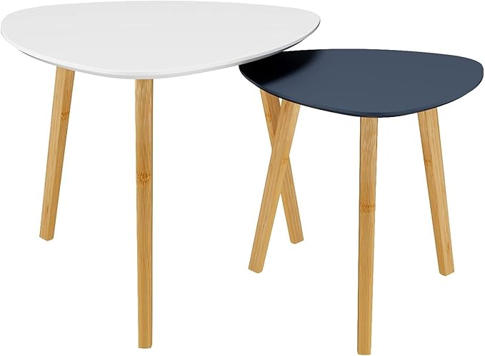 BAMEOS Bamboo Nesting Triangle End Table,Set of 2 SideTable Modern Minimalist Coffee Table for Living Room, Balcony in White & Grey