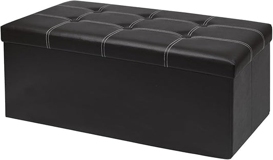 30 Inches Folding Storage Ottoman Bench, Faux Leather Footrest Ottoman, Storage Trunk Footstool for Bedroom, Living Room and Hallway, Support 350lbs, Black (White line)