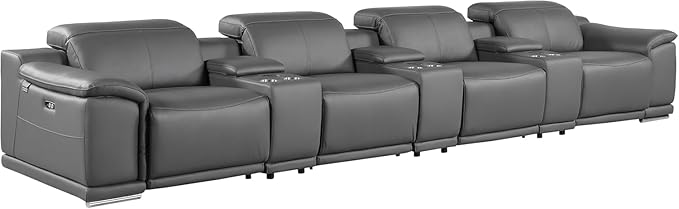 BlackJack Furniture Venice Top Grain Italian Leather Power Recline 7 Piece 4 Seater Sofa - 175" Theater Seating Modern Couch for Living Room Lounge with Adjustable Headrests & USB Port, Dark Grey