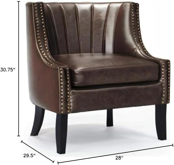 Tommy Hilfiger Dorset Leather Club Chair, Brass Nailhead Accent Trim, High Back Reading Armchair, Traditional Living Room Furniture, Chesterfield Brown