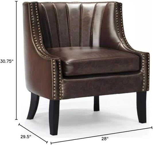 Tommy Hilfiger Dorset Leather Club Chair, Brass Nailhead Accent Trim, High Back Reading Armchair, Traditional Living Room Furniture, Chesterfield Brown