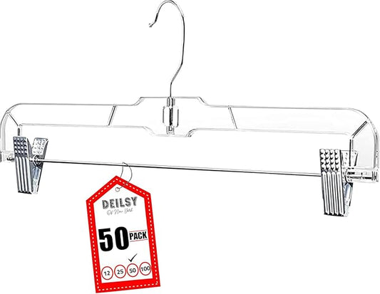DEILSY™ Skirt Hangers 50 Pack Pants with Clips Hanger Shorts Clear Plastic Clothes with Adjustable Clip Non-Slip Clothes Hanger Perfect for Pant, Pack of 50