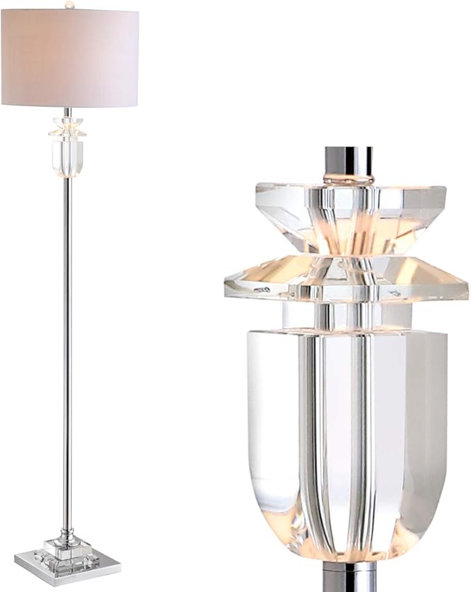 JONATHAN Y 63" Clear/Chrome Faceted Crystal and Iron LED Floor Lamp, Contemporary Glam Standing Lamp with White Linen Drum Shade for Living Room, LED Bulb Included JYL1046A