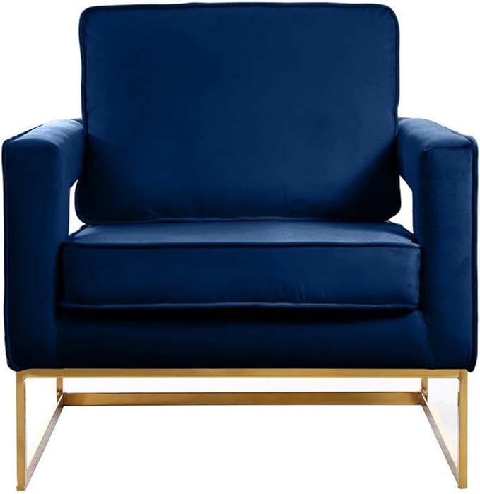 Meridian Furniture Noah Collection Modern | Contemporary Velvet Upholstered Accent Chair with Durable Stainless Steel Base, Navy, Gold Base