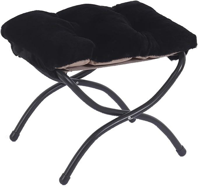 Welnow Folding Foot Stool, Upholstered Small Accent Ottoman with Detachable Thick Cotton Cushion Padded Sofa Stool and Metal Frame for Lazy Chair, Living Room, Bedroom, Plush Black