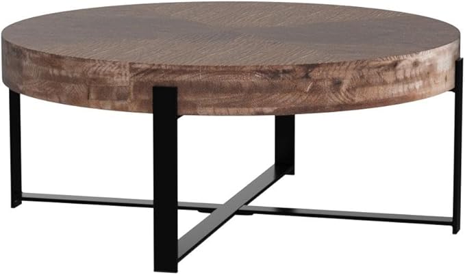 Lasadelgar Wood Round Coffee Table, 31 Inch Farmhouse Rustic Fir Wooden Table Top Cross Metal Legs Circle Coffee Table for Living Room, Black