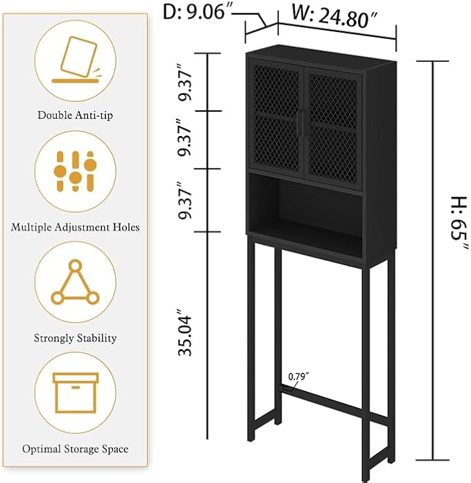 Launica Bathroom Organizer Over Toilet, Wood Metal Over The Toilet Storage, Industrial Bathrooms Space Saver Shelf Over Toilet, Freestanding Bathrooms Cabinet Above Toilet wtih Rack, Black Oak