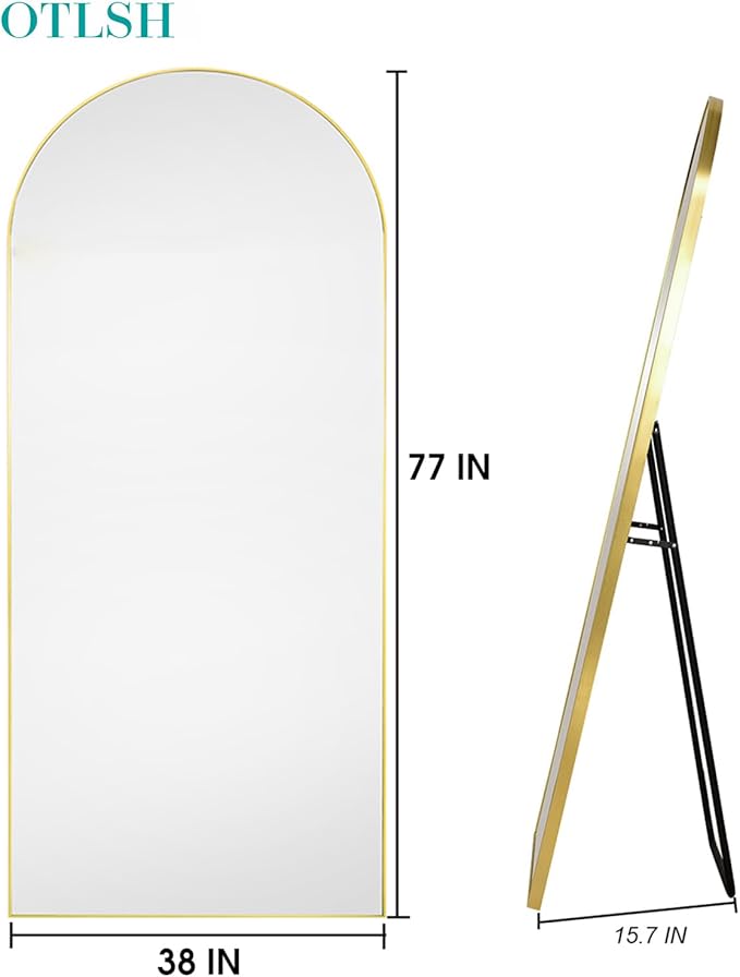 77" x 38" Arched Floor Mirror, Gold Aluminum Frame, Standing/Leaning or Wall Mount, Modern Home Decor