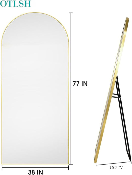 77" x 38" Arched Floor Mirror, Gold Aluminum Frame, Standing/Leaning or Wall Mount, Modern Home Decor