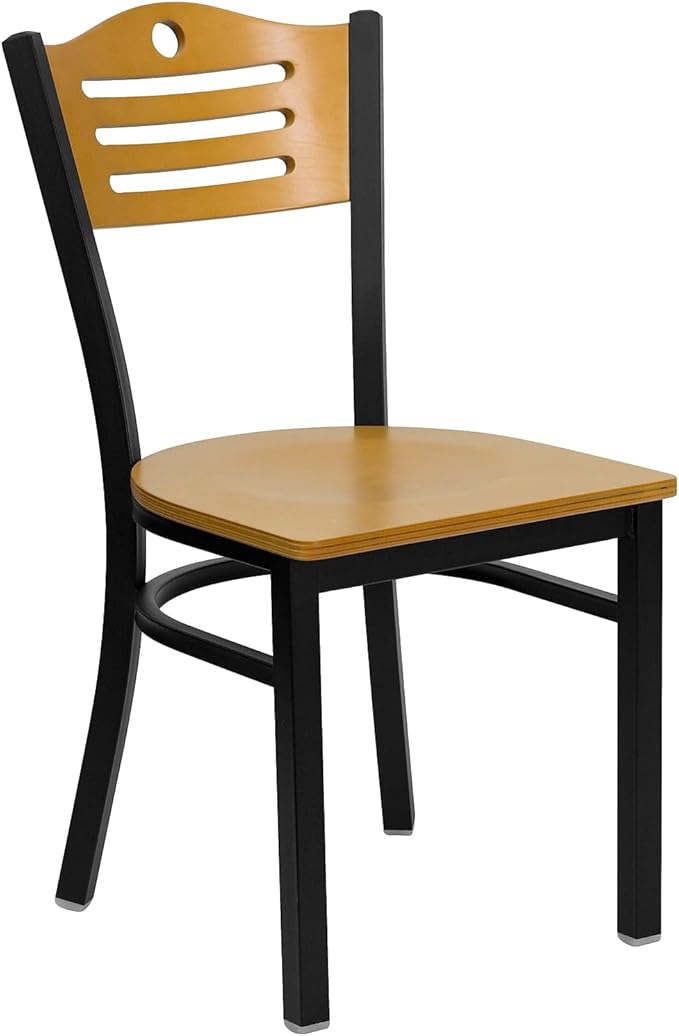 Flash Furniture HERCULES Series Black Slat Back Metal Restaurant Chair - Natural Wood Back & Seat