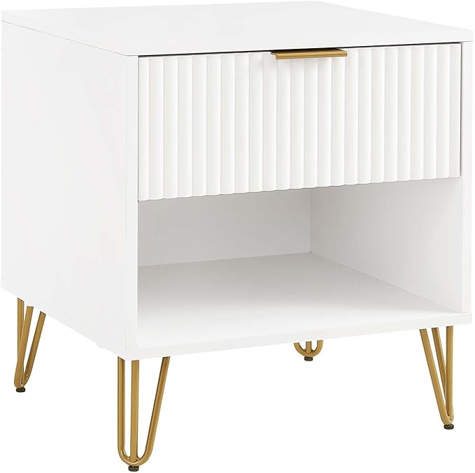 Manhattan Comfort Dumbo Modern Nightstand 1.0 with 1 Drawer and Metal Feet | Splayed Gold Legs | Vertical Ribbed Design | No Tool Assembly Storage for Bedroom & Living Room, Set of 2, White