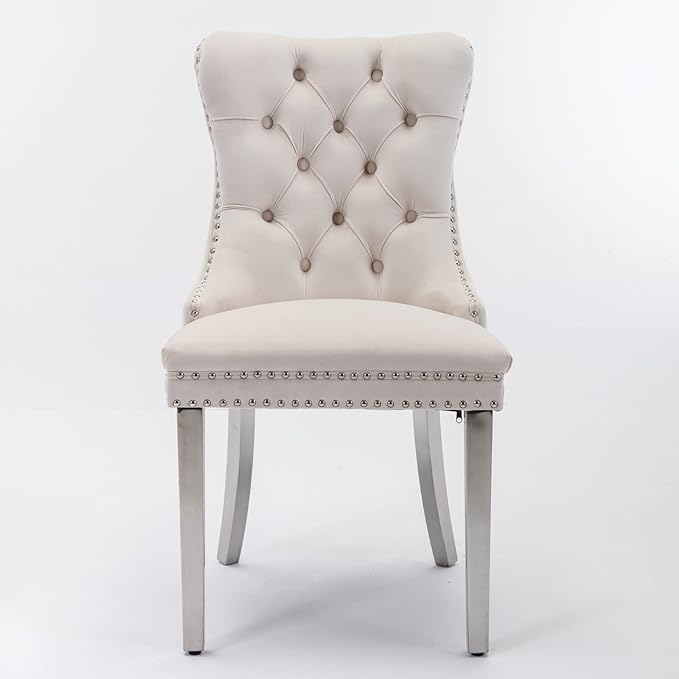 Solid Wood Dining Chair with Nailhead Trim,Velvet Upholstered W/Chrome Stainless Steel Plating Legs,Set of 2,for Living Room,Apartemnt,Beige and Chrome