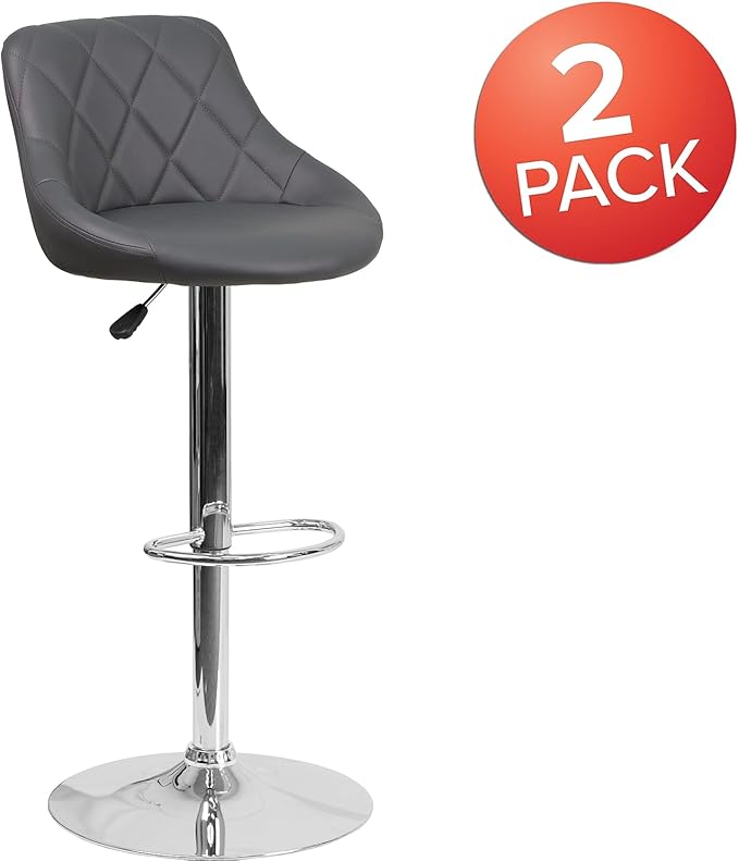 Flash Furniture Caldwell 2 Pk. Contemporary Gray Vinyl Bucket Seat Adjustable Height Barstool with Chrome Base