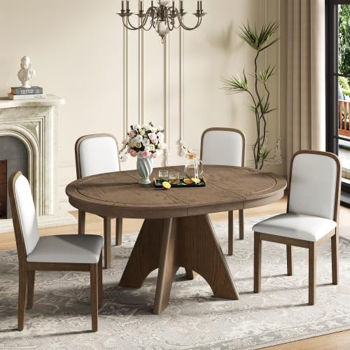 Bellemave 5-Piece Extendable Round Dining Table Set with 4 Upholstered Chairs, 42"-58" Round Kitchen Table Set for 4-6 with Removable Leaf and Crossed Legs for Kitchen, Dining Room (Espresso)