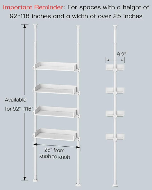 ALLZONE 4 Tier Over The Toilet Storage, Adjustable Wood Over Toilet Bathroom Organizer, Freestanding Shelves, Fit Most Showers Over The Toilet Shelf, 92 to 116 Inch Tall, White